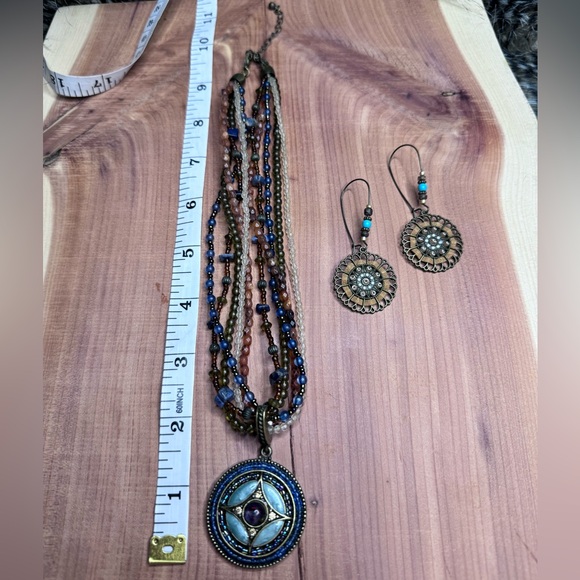 Multistrand Beaded Medallion Earthy Boho Necklace and Earring Set - Picture 3 of 8